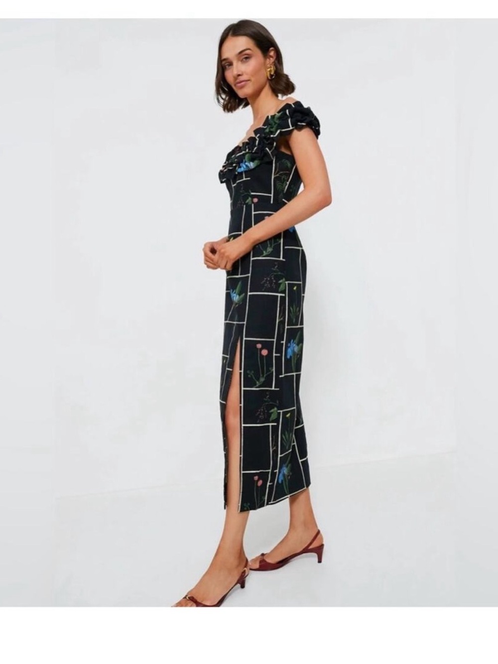 Tuckernuck Black Floral Grid Ruffled Off-Shoulder Midi Dress